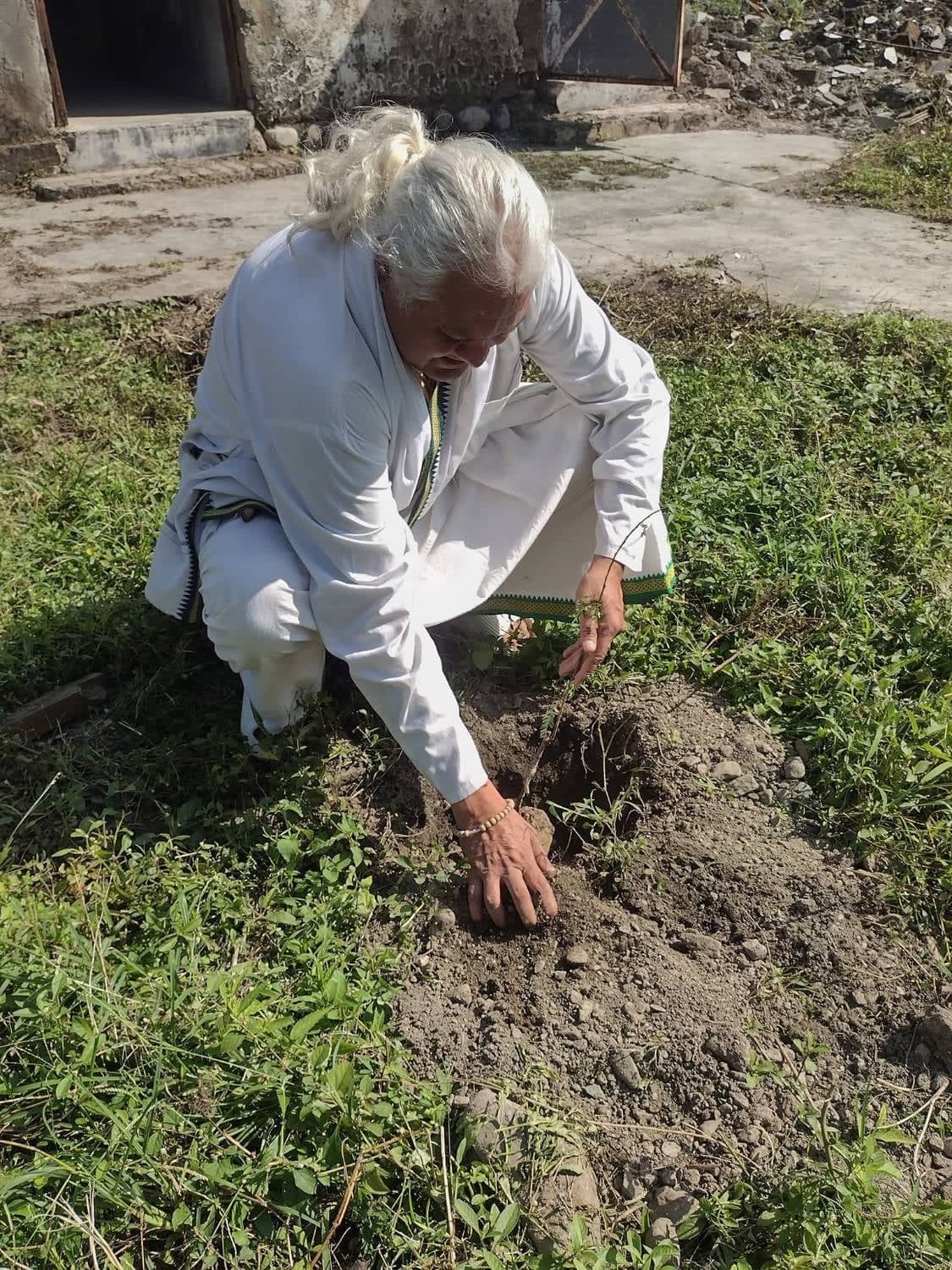 Manoj Dhyani, in white, kneeling to plant a sapling in freshly dug soil