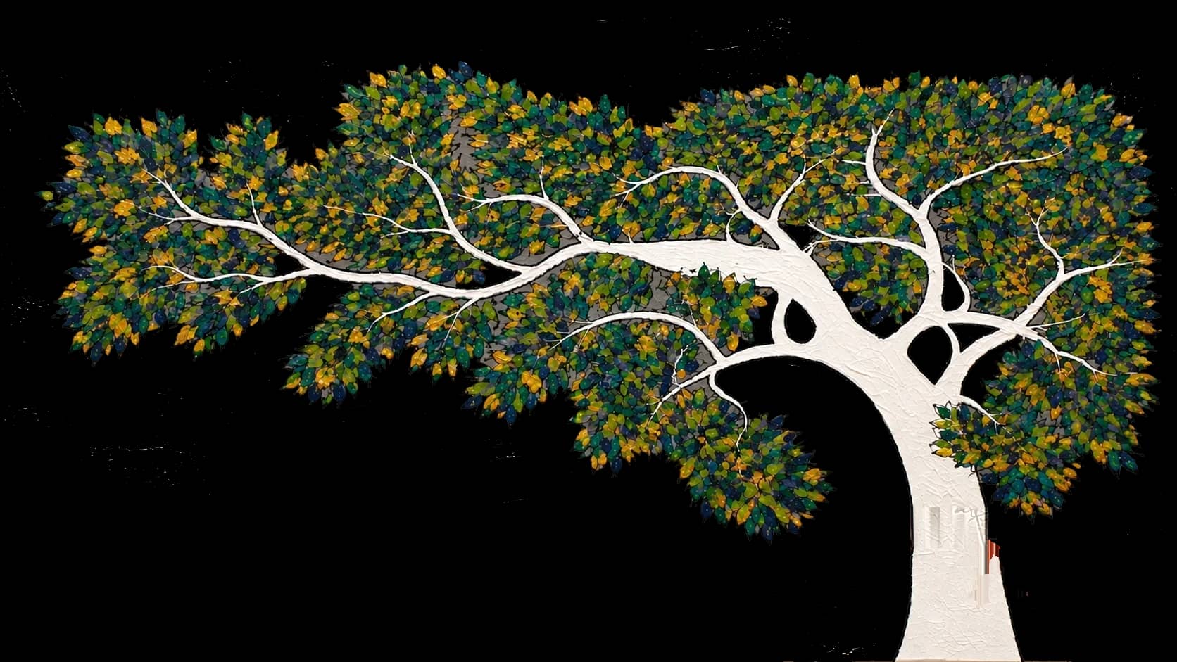 Painting of a white tree with a canopy of green, blue and gold leaves, and a red raksha sutra knotted round its trunk